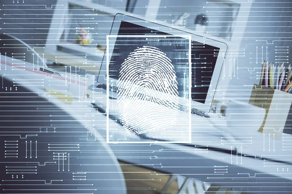 Υπολογιστής στην επιφάνεια εργασίας στο γραφείο με σχέδιο δακτυλικών αποτυπωμάτων. Διπλή έκθεση. Έννοια της ασφάλειας των επιχειρηματικών δεδομένων. — Φωτογραφία Αρχείου