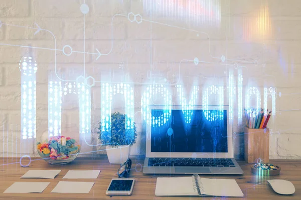 Multi exposición de escritorio con computadora personal y dibujo tema de tecnología. Concepto de Bigdata. — Foto de Stock