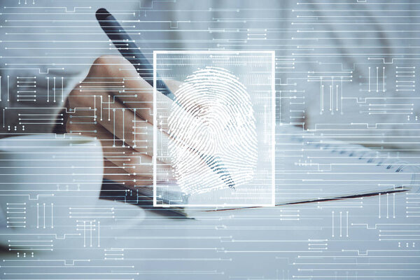 Blue fingerprint hologram over hands taking notes background. Concept of security. Double exposure