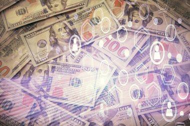 Sosyal ağların çoklu pozlanması bize dolar banknotları veriyor. İnsanlarla bağlantı kavramı.