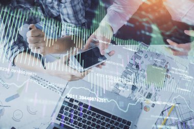 Önx grafik çizimine çifte maruz kalma ve kadın ve erkeğin birlikte çalışarak mobil bir cihaz kullanması. Ticaret konsepti.