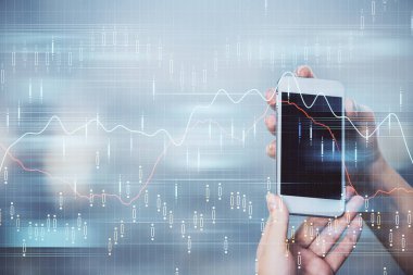 Ön x grafik çizimine çift pozlama hologram ve cep telefonu kullanan bir kadın. Borsa konsepti.