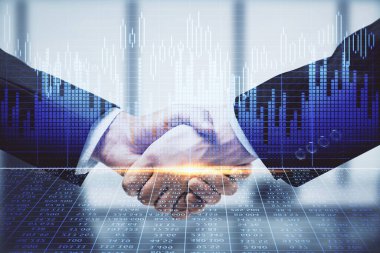 Forx grafik hologramı ve iki adamın el sıkışması. Borsa konsepti.