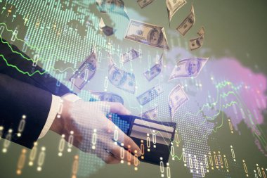 Finansal grafiğe çoklu pozlama hologram, Amerikan dolarları ve insan eli. Analiz kavramı.