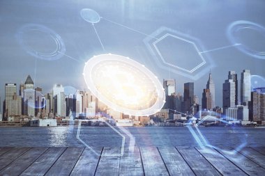 Kripto para birimi temalı hologram çizimi ve şehrin veiw arka planına çift pozlama. Engelleme zinciri ve bitcoin kavramı.