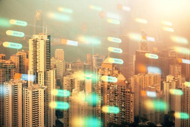 Veri temalı hologram gökdelenlerin arka planında çift pozlama ile şehir görünümüne çizim yapıyor. Teknoloji konsepti.