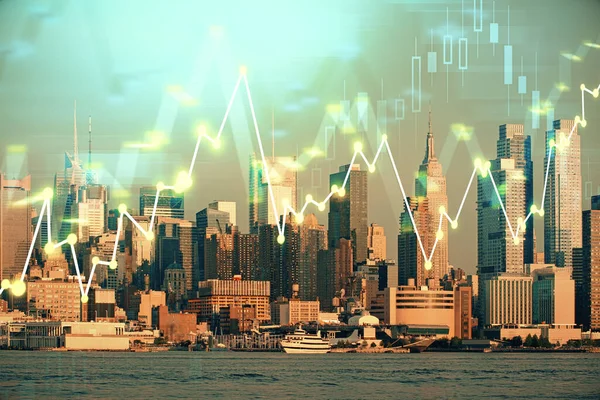 Forex grafiek over uitzicht op de stad met wolkenkrabbers achtergrond dubbele blootstelling. Begrip financiële analyse. — Stockfoto
