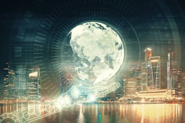 Şehir görünümünde harita ve veri temalı hologram ile gökdelenler arka planda çift pozlama. İş kavramında uluslararası teknoloji.