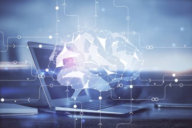 Bilgisayar ve insan beyin hologramıyla çalışma alanının çoklu açığı. Beyin fırtınası konsepti.