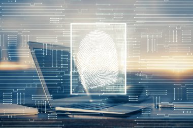 Ofisteki bilgisayarın parmak izi çizimi. Çifte maruziyet. İş veri güvenliği kavramı.