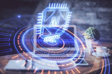 Teknoloji temalı çizim ve bilgisayarla çalışma alanı. Çifte maruziyet. Yenilik kavramı.