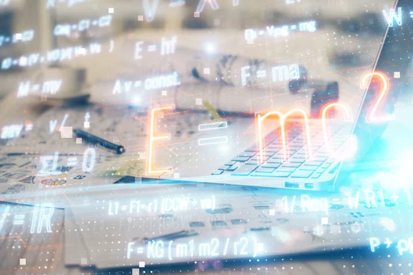 Desktop computer background and formula hologram writing. Double exposure. Education concept. — Stock Photo, Image