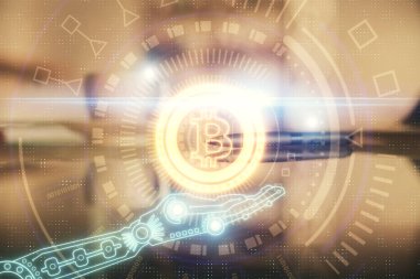Ofisteki kahve fincanının arka planında şifreli para teması hologramı çiziyor. Uluslararası engelleme zinciri kavramı.