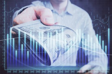 Finansal grafiğe çoklu pozlama hologram, Amerikan dolarları ve insan eli. Analiz kavramı.
