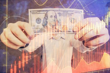 Forx grafiği, hologram, Amerikan dolarları ve insan eli çizimleri. Teknik Analiz kavramı.