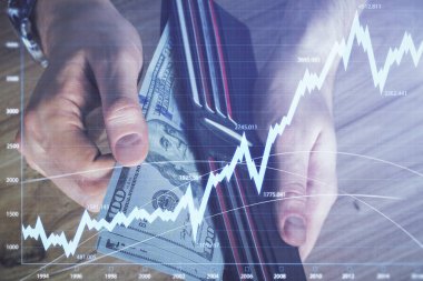 Forx grafiği, hologram, Amerikan dolarları ve insan eli çizimleri. Teknik Analiz kavramı.