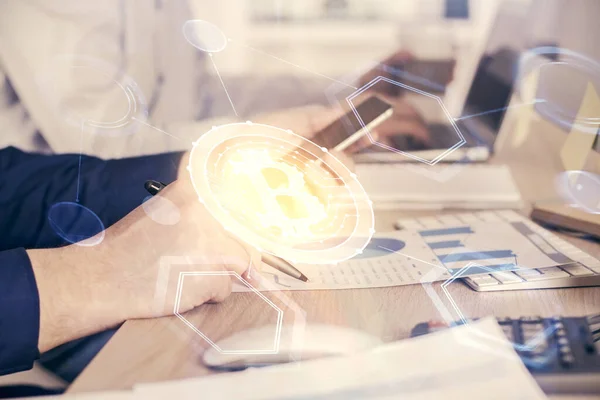 Double exposure of mans hands holding and using a phone and crypto currency blockchain theme drawing. — Stock Photo, Image