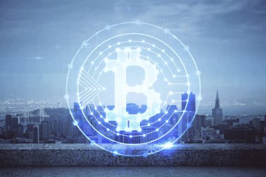 Kripto para birimi temalı hologram çizimi ve şehrin veiw arka planına çift pozlama. Engelleme zinciri ve bitcoin kavramı.