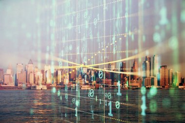 Veri temalı hologram gökdelenler arka planda çoklu pozlama ile şehir görünümüne çizim yapıyor. Büyük veri kavramı.