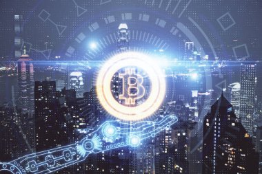 Kripto para birimi temalı hologram çizimine ve şehrin arka planına çoklu maruz kalma. Engelleme zinciri ve bitcoin kavramı.