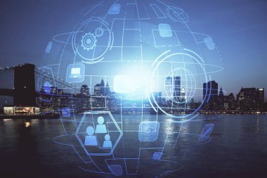 Sosyal ağ tema çizimi ve şehir manzarası arka planının çoklu pozlandırılması. Bağlantı insanları kavramı.