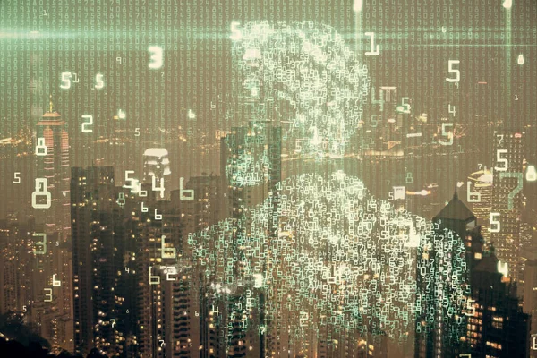 Data theme hologram drawing on city view with skyscrapers background double exposure. Ai concept.