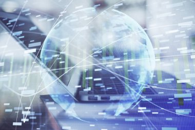 İş teması simgelerinin çifte pozlandırılması ve bilgisayar geçmişi olan çalışma alanı. Başarı kavramı.