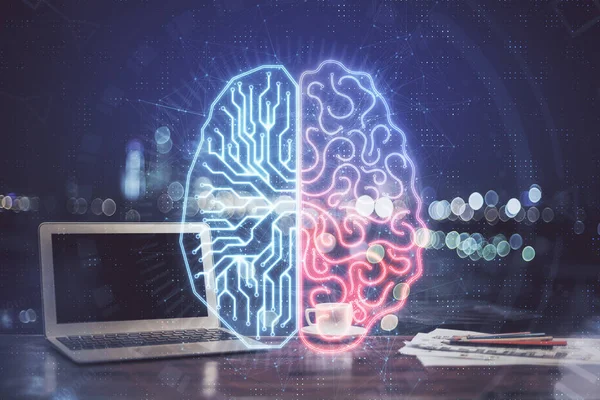 Мультиэкспозиция Рабочего Стола Компьютером Голограммой Мозга Концепция Мозгового Штурма — стоковое фото
