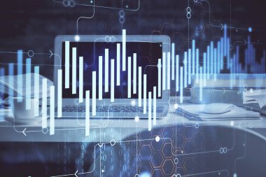 Arka planda eski pazar grafik hologramı ve kişisel bilgisayar var. Çoklu maruz kalma. Yatırım kavramı.