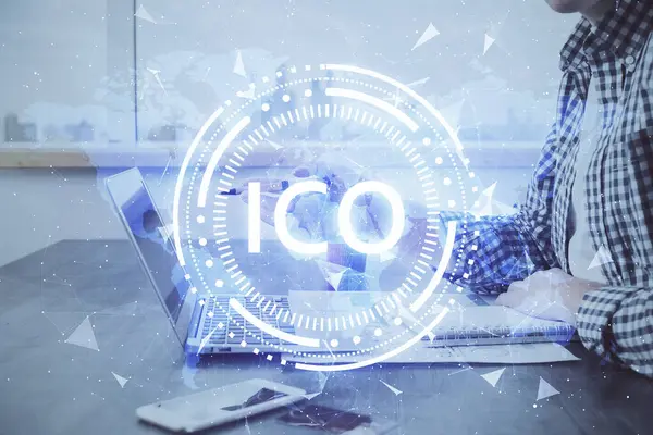 Blockchain theme hud with man working on computer on background. Concept of crypto chain. Double exposure. — Stock Photo, Image