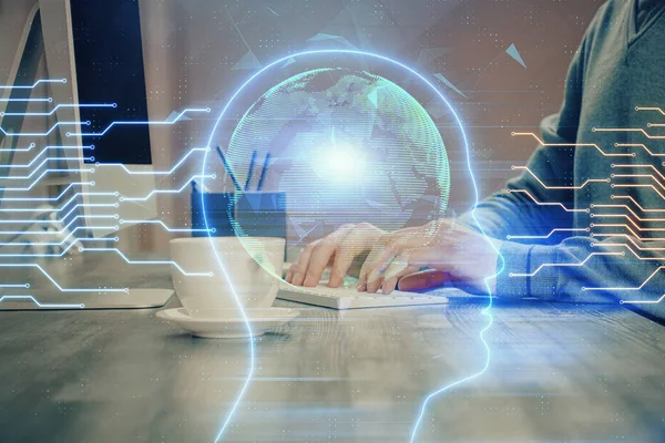 Man met computer achtergrond met hersenthema hologram. Concept van brainstorm. Dubbele blootstelling. — Stockfoto