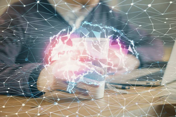 Hombre de negocios con antecedentes informáticos con holograma de tema cerebral. Concepto de tormenta de ideas. Exposición múltiple. —  Fotos de Stock