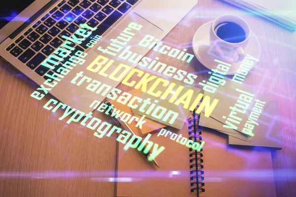 Blockchain theme hologram drawings over computer on the desktop background. Top view. Double exposure. — Stock Photo, Image