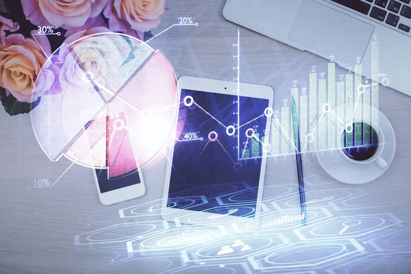 Double exposure of forex graph hologram over desktop with phone. Top view. Mobile trade platform concept. — Stock Photo, Image