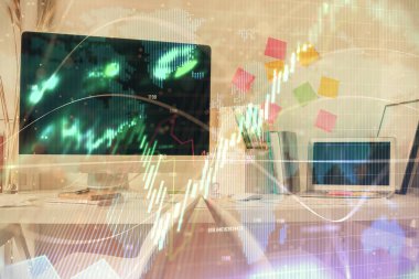 Finansal grafik çizimine ve ofis içi arka planına çifte maruz kalma. Borsa konsepti.