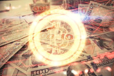 Şifreli temanın çoklu pozu bize dolar banknotları arkaplanı çiziyor. Engelleme zinciri başarısı kavramı.