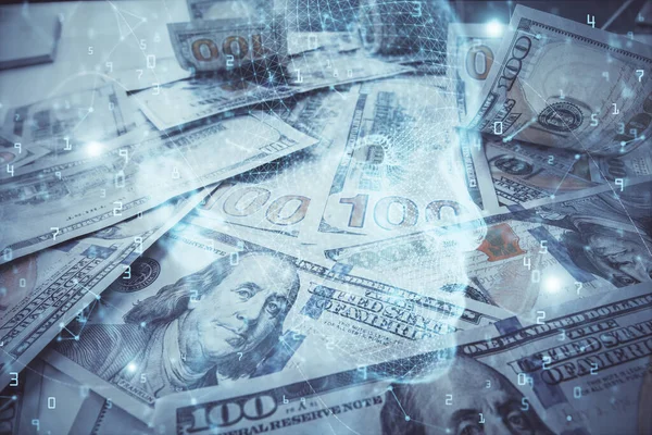 Двойное воздействие рисунка мозга на фоне банкнот за доллары. Технологическая концепция. — стоковое фото