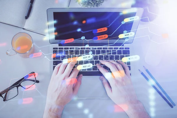 Multi exposure of mans hands typing over computer keyboard and data theme hologram drawing. Top view. Technology concept. — Stock Photo, Image