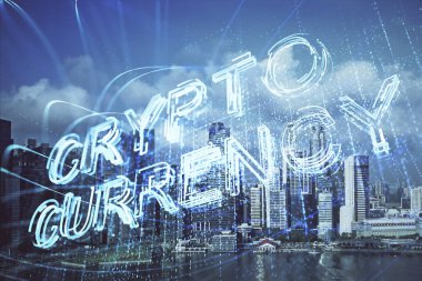 Kripto para birimi temalı hologram çizimi ve şehrin veiw arka planına çift pozlama. Engelleme zinciri ve bitcoin kavramı.