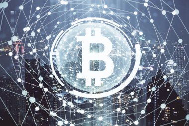 Kripto para birimi temalı hologram çizimine ve şehrin arka planına çoklu maruz kalma. Engelleme zinciri ve bitcoin kavramı.