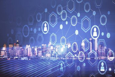 Sosyal ağ tema çizimi ve şehir manzarası arka planının çoklu pozlandırılması. Bağlantı insanları kavramı.