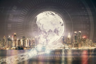 Şehir görünümünde harita ve veri temalı hologram ile gökdelenler arka planda çift pozlama. İş kavramında uluslararası teknoloji.