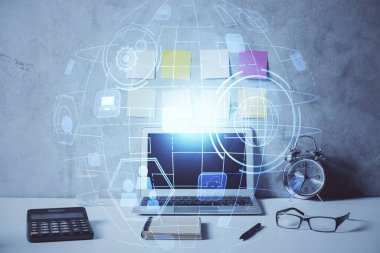 Sosyal ağ hologramıyla birlikte bilgisayar masaüstünde. Çifte maruziyet. Uluslararası insan ilişkileri kavramı.