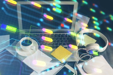 Arka planda bilgisayar ve teknik tema çizimi olan iki kat masaüstü görüntüsü. Büyük veri kavramı.