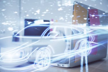 Otomobil hologramı çizimi olan masaüstü bilgisayar arkaplanı. Çoklu maruz kalma. Teknoloji kavramı.