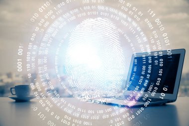 Ofisteki bilgisayarın parmak izi çizimi. Çifte maruziyet. İş veri güvenliği kavramı.