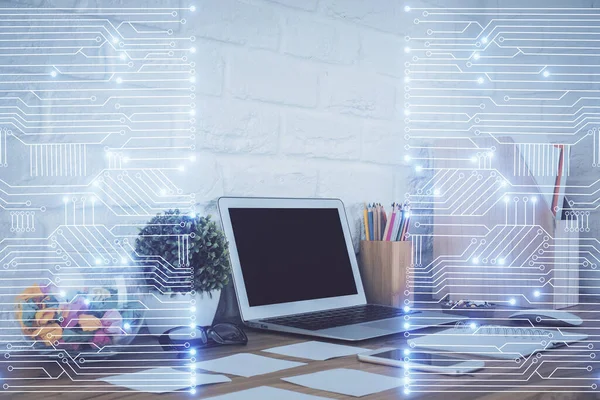Dator på skrivbordet på kontoret med teknik tema hologram. Dubbel exponering. Tekniskt koncept. — Stockfoto