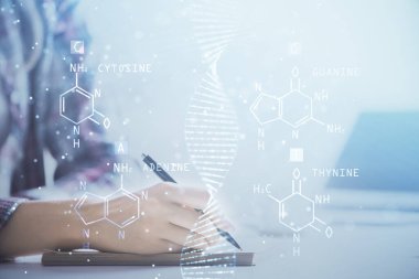 Kadınların el yazısı üzerine DNA temalı hologram. Eğitim kavramı. Çift pozlama