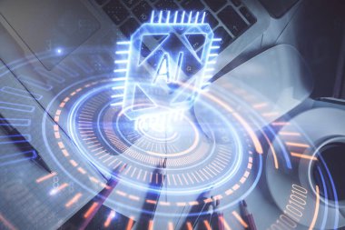 Çalışma masası arkaplanının üstünde bilgisayarla hologram çizen veriye çifte maruz kalma. Ai kavramı.