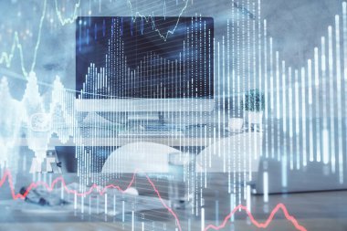 Finansal grafik çizimi ve ofis içi arka planının çoklu pozu. Pazar analizi kavramı.